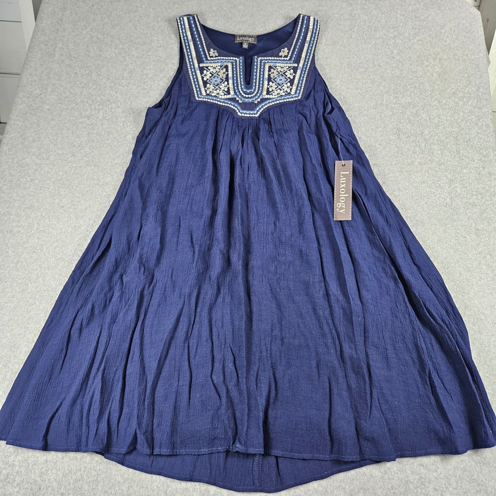 Luxology Navy Blue Embroidered Sleeveless Shift Dress Size 12 NWT